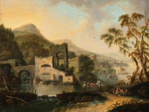 Michele Pagano (Nápoles, 1697 – post 1750) Paisagem com rio, edifícios e viajantes